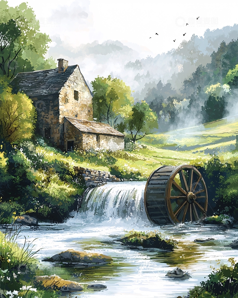 高清大图下载【趣麦麦图】山间小屋流水磨坊