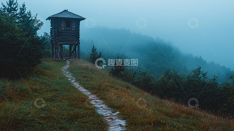 高清大图下载【趣麦麦图】雾中木屋
