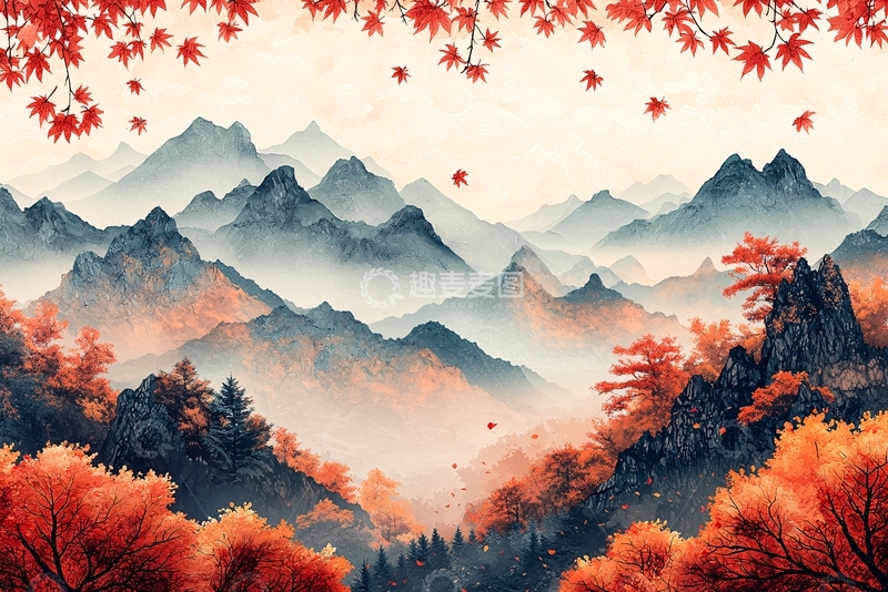 高清大图下载【趣麦麦图】秋枫落叶山峦图