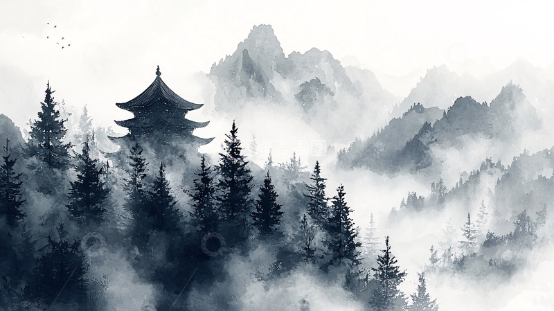 高清大图下载【趣麦麦图】水墨山水间的古塔意境