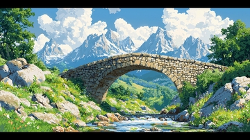 山间石桥流水风景画
