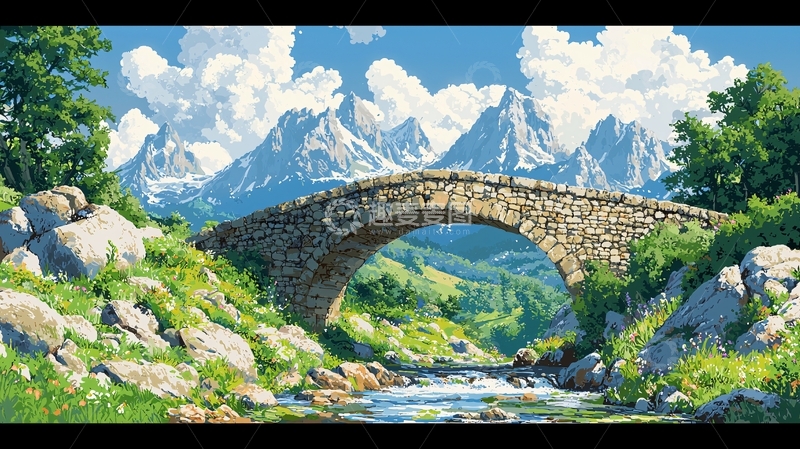 高清大图下载【趣麦麦图】山间石桥流水风景画