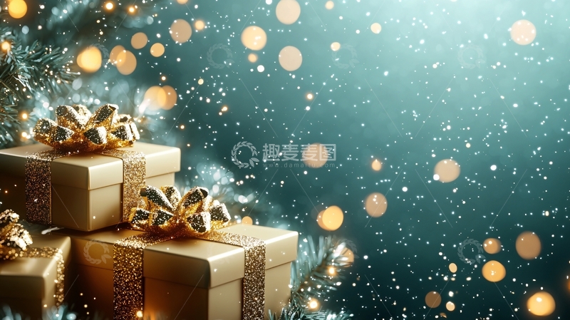 高清大图下载【趣麦麦图】金色礼盒圣诞节背景