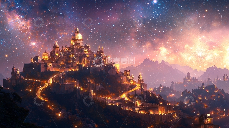 高清大图下载【趣麦麦图】梦幻星空下的山顶城堡