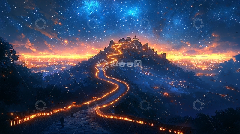 高清大图下载【趣麦麦图】梦幻星空山城夜景
