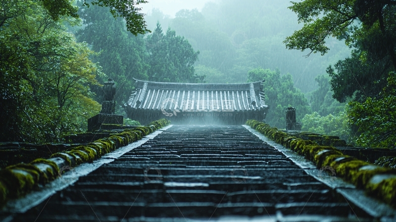高清大图下载【趣麦麦图】雨中石阶古建筑