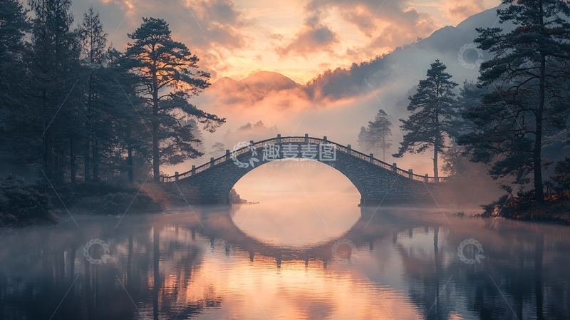 高清大图下载【趣麦麦图】雾气弥漫的拱桥倒影