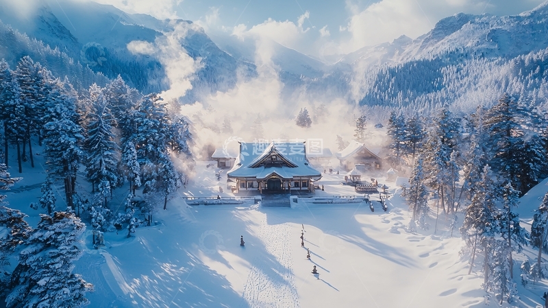 高清大图下载【趣麦麦图】雪山温泉小屋