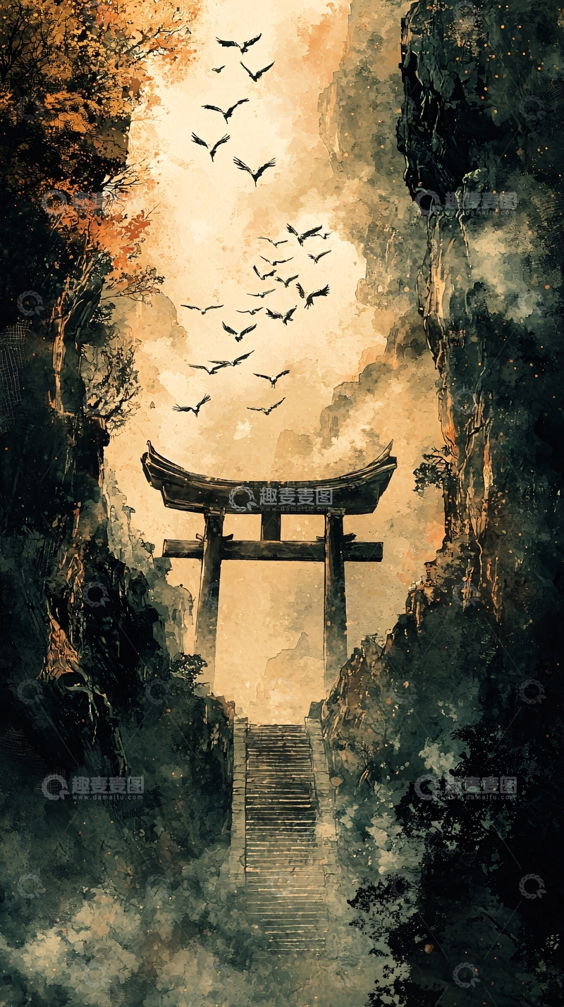 高清大图下载【趣麦麦图】山间鸟瞰鸟类神社