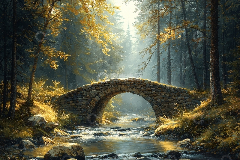 高清大图下载【趣麦麦图】森林小桥流水