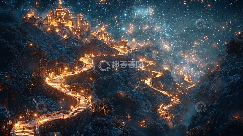 高清大图下载【趣麦麦图】山间星河璀璨小镇