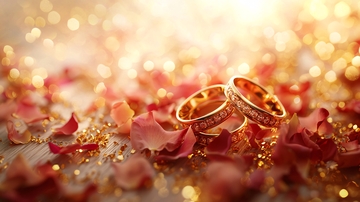 闪耀金戒玫瑰花瓣背景