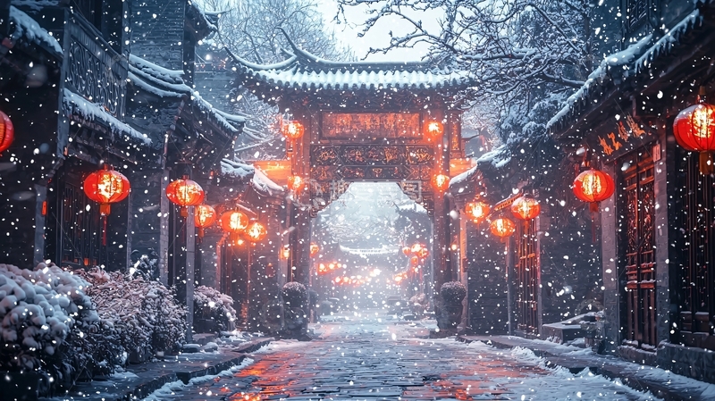 高清大图下载【趣麦麦图】雪夜古镇