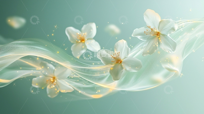 高清大图下载【趣麦麦图】轻柔飘逸的白色花朵与丝绸