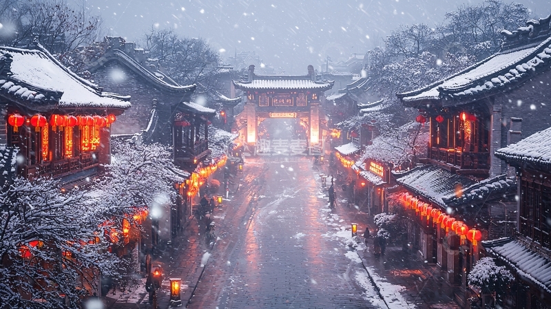 高清大图下载【趣麦麦图】雪景古镇