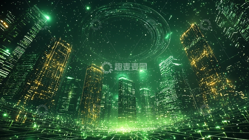 高清大图下载【趣麦麦图】绿光环绕的未来都市