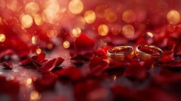 红玫瑰花瓣上金戒指