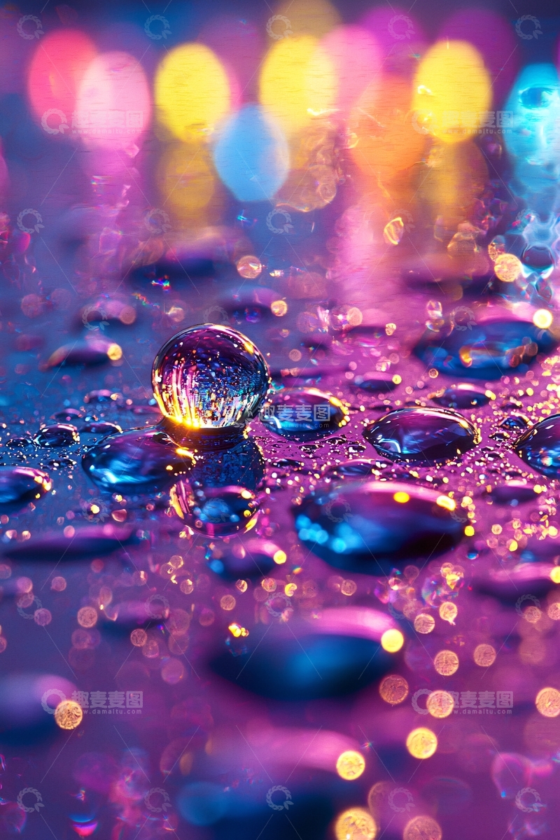 高清大图下载【趣麦麦图】彩色光斑背景下的水滴