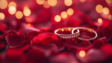 红玫瑰花瓣上婚戒