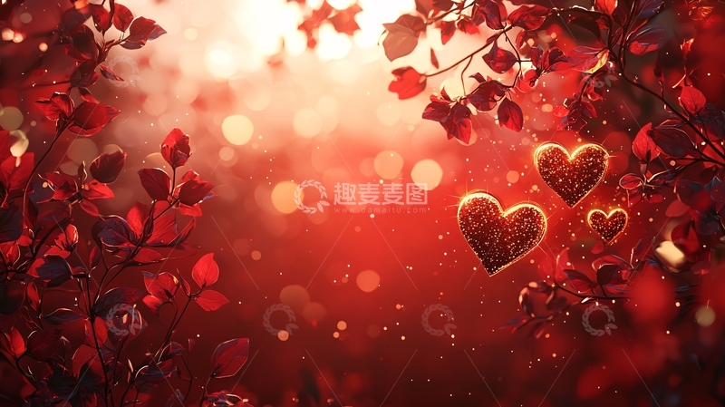 高清大图下载【趣麦麦图】红色背景爱心树叶