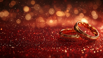 红宝石背景上的两枚金戒指