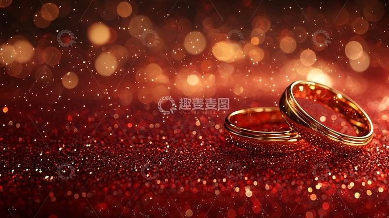高清大图下载【趣麦麦图】红宝石背景上的两枚金戒指