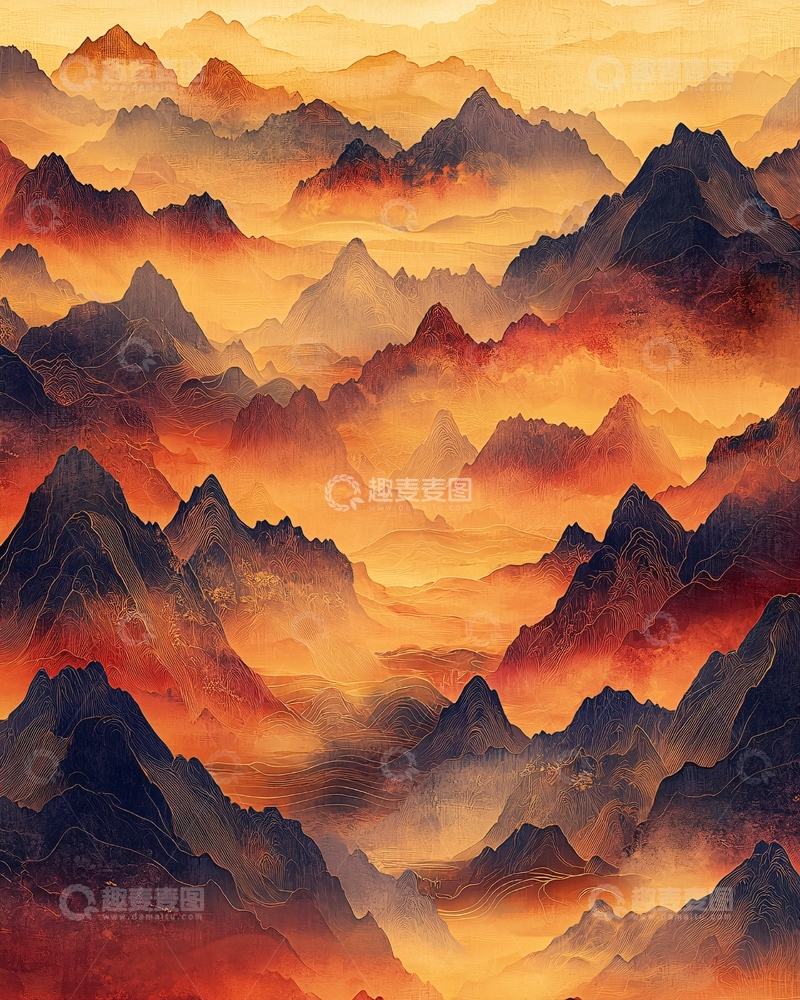 高清大图下载【趣麦麦图】日出山峦水彩画