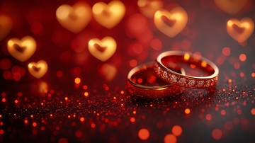 红背景下闪耀的婚戒
