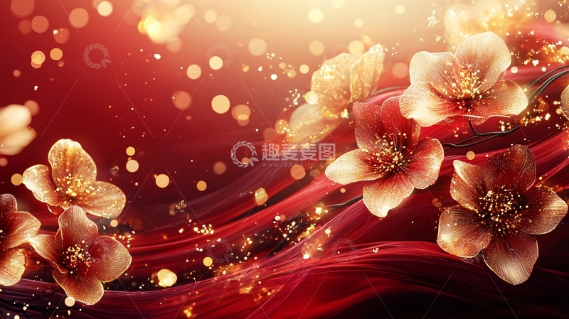 高清大图下载【趣麦麦图】红丝绸背景金色花朵