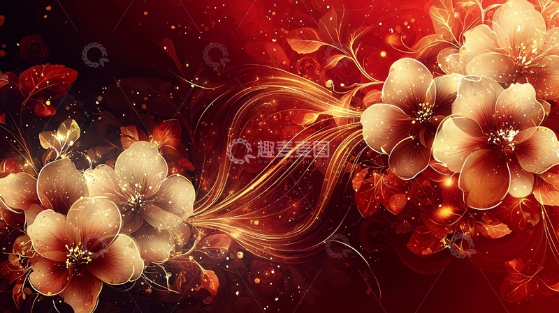 高清大图下载【趣麦麦图】红底金色花朵艺术设计