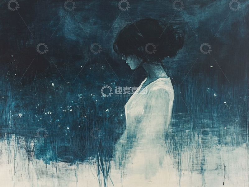 高清大图下载【趣麦麦图】深蓝背景中孤独女子