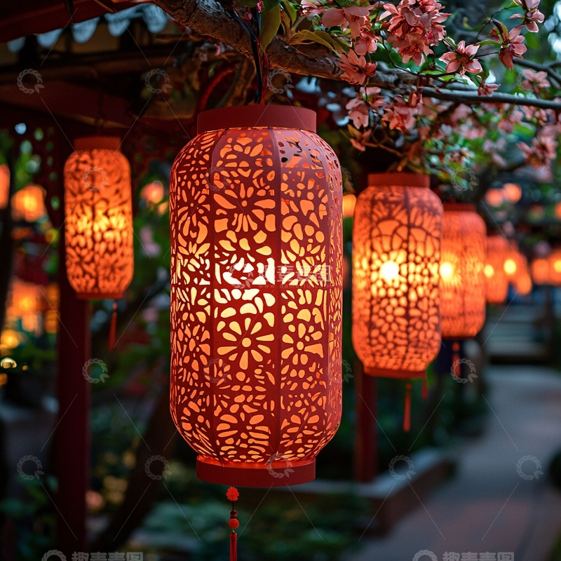 高清大图下载【趣麦麦图】红色镂空灯笼挂满枝头