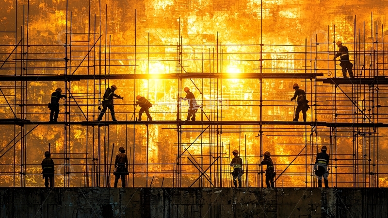 高清大图下载【趣麦麦图】火灾现场建筑工人逃生