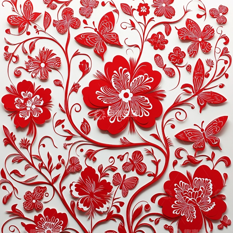 高清大图下载【趣麦麦图】红花蝴蝶剪纸图案