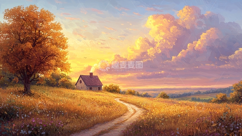 高清大图下载【趣麦麦图】秋日田园小路房屋夕阳