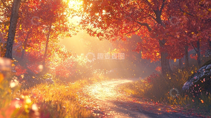 高清大图下载【趣麦麦图】秋日暖阳下的红叶小路
