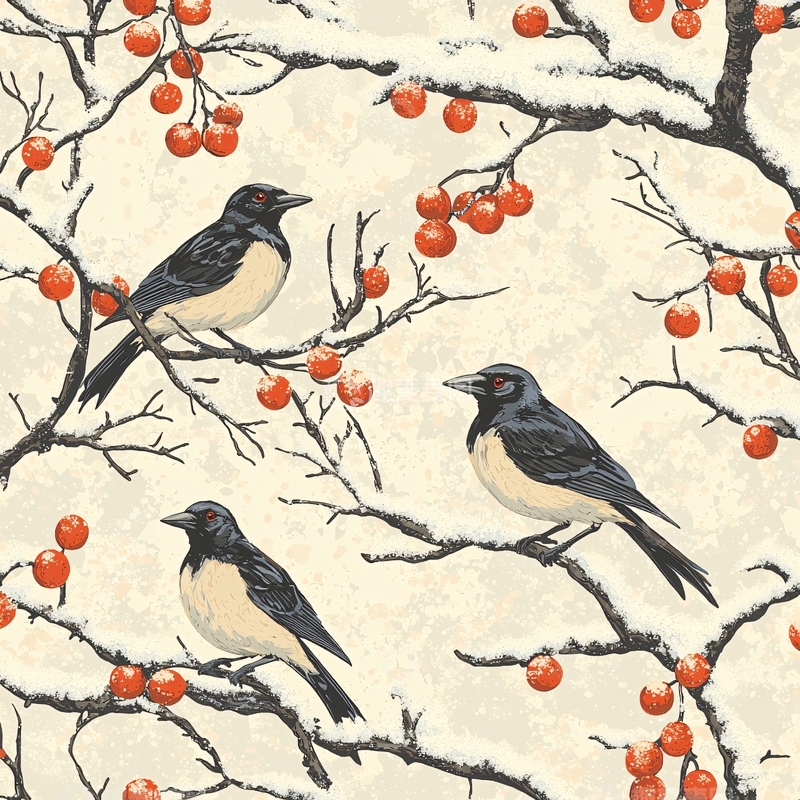 高清大图下载【趣麦麦图】冬日鸟儿枝头红果