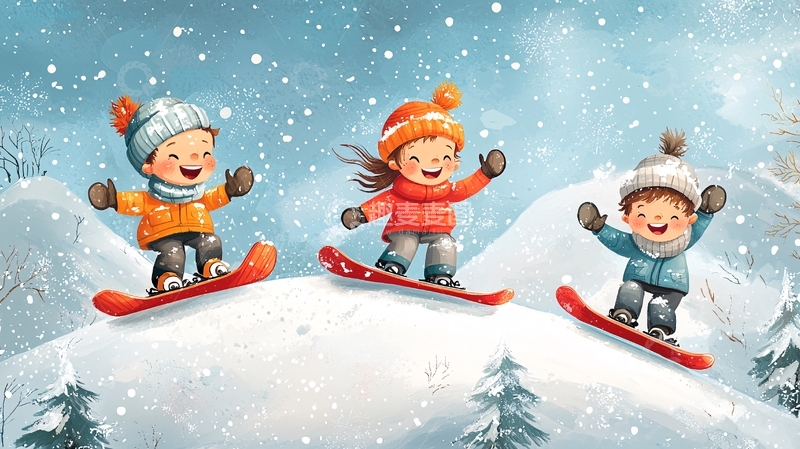 高清大图下载【趣麦麦图】三个孩子在雪地滑雪