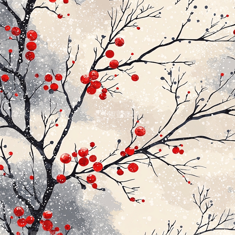 高清大图下载【趣麦麦图】冬日红果树枝水墨画