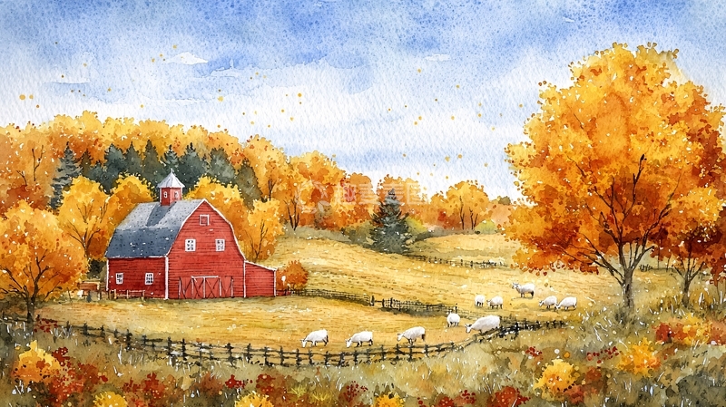 高清大图下载【趣麦麦图】秋日田园红谷仓