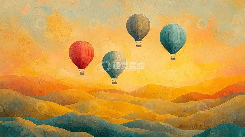 高清大图下载【趣麦麦图】夕阳下热气球飞翔