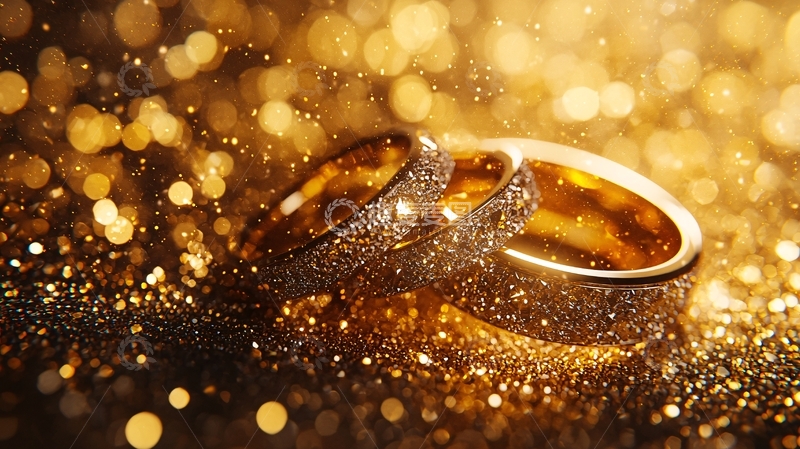 闪耀金光下的结婚戒指