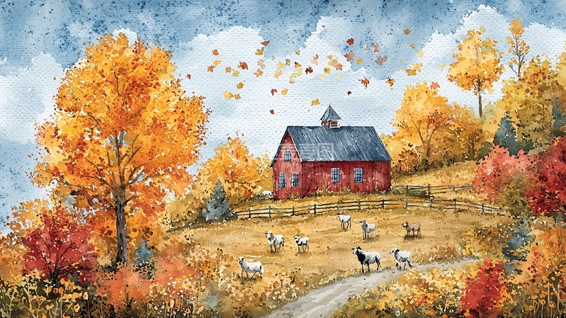 高清大图下载【趣麦麦图】秋日农场小屋与羊群