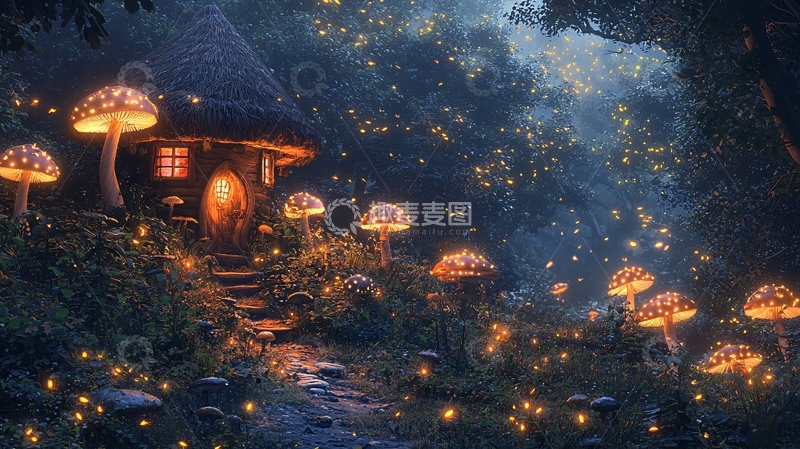 高清大图下载【趣麦麦图】萤火虫蘑菇屋梦幻森林