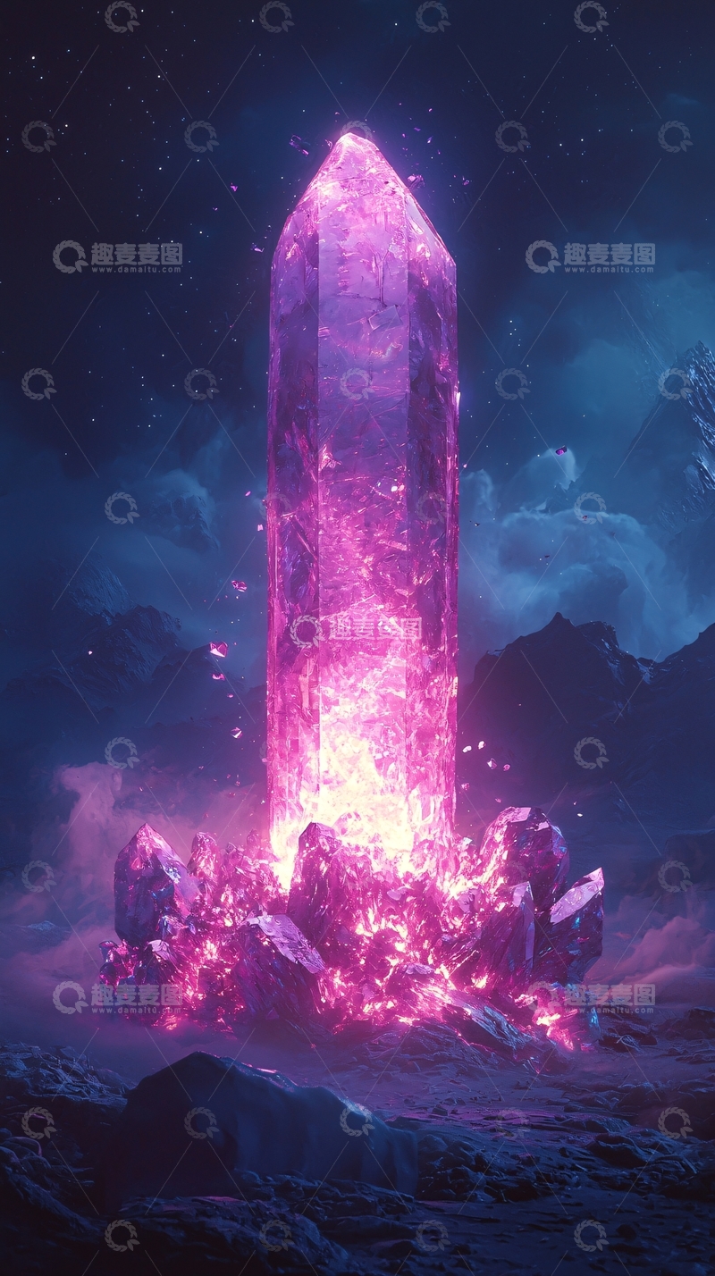 高清大图下载【趣麦麦图】夜空下发光的粉色水晶