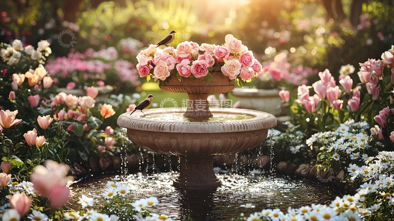 高清大图下载【趣麦麦图】鲜花盛开的花园喷泉