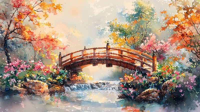 高清大图下载【趣麦麦图】秋日小桥流水风景画