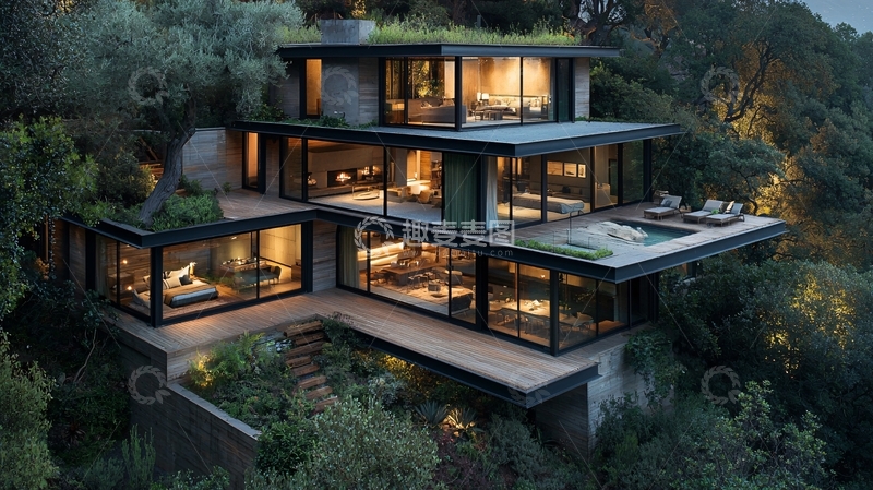 高清大图下载【趣麦麦图】山坡现代别墅夜景