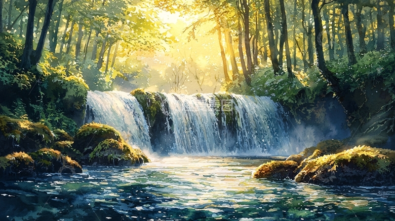 高清大图下载【趣麦麦图】阳光森林瀑布