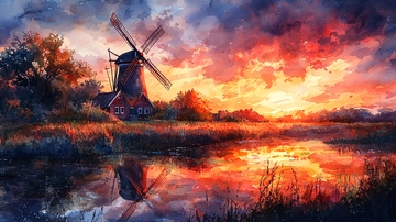 夕阳下的荷兰风车